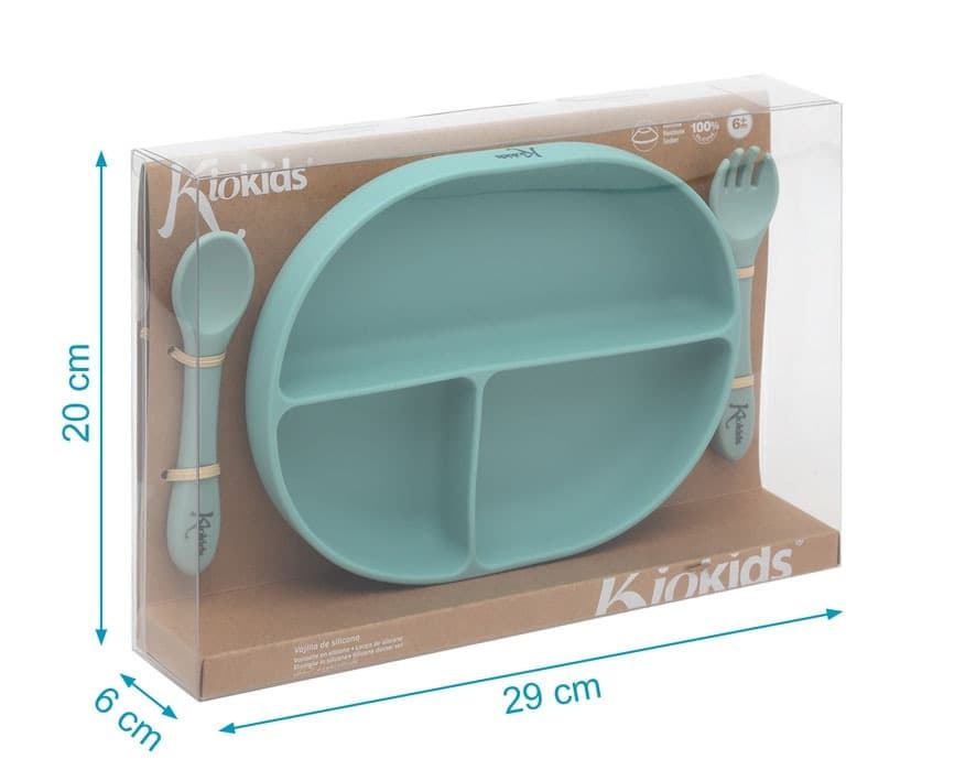Plato con compartimentos + cubiertos de silicona verde salvia Kiokids - Imagen 3