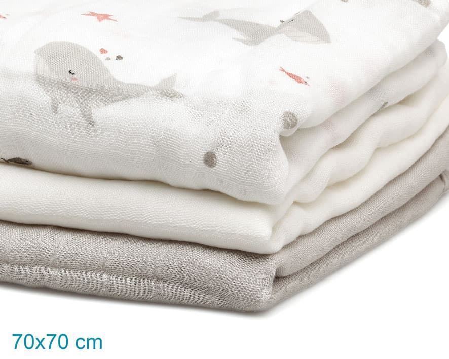 Set 3 muselinas bambú gris ballenas - Imagen 2