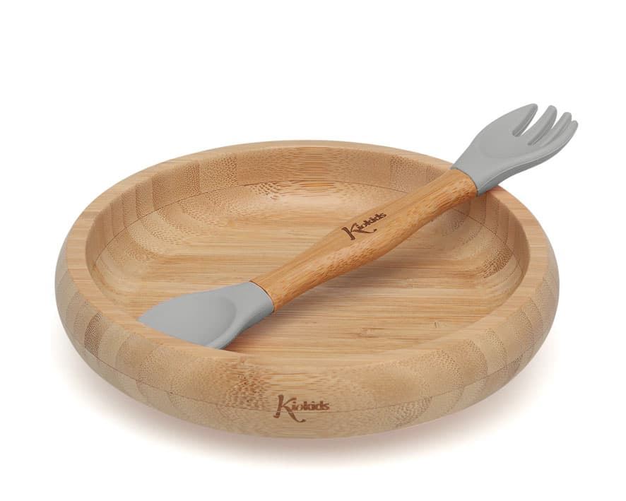 Set vajilla silicona y bambú gris con cuchara/tenedor - Imagen 1